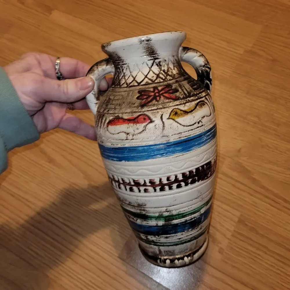 Vtg Handcrafted Ceramic Pottery Vase Folk Art Birds Primative Rustic Farmhouse